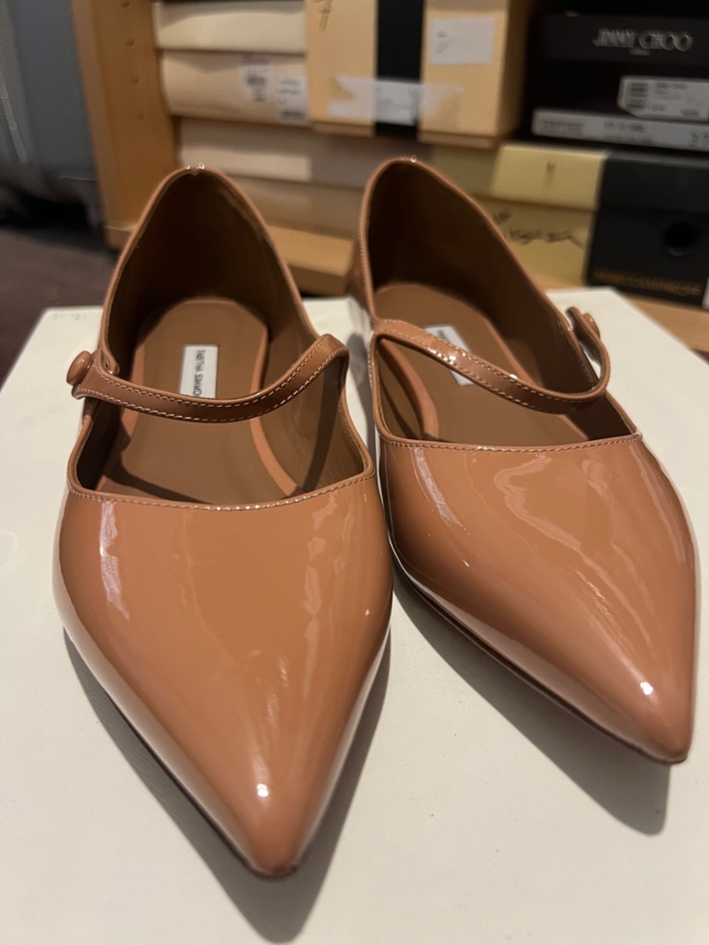 Tabitha Simmons Patent Pointed Mary Jane Flats in Nude Tan